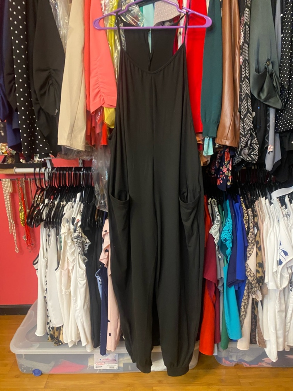 SHEIN Black Relaxed Pocket Jumpsuit with Spaghetti Straps